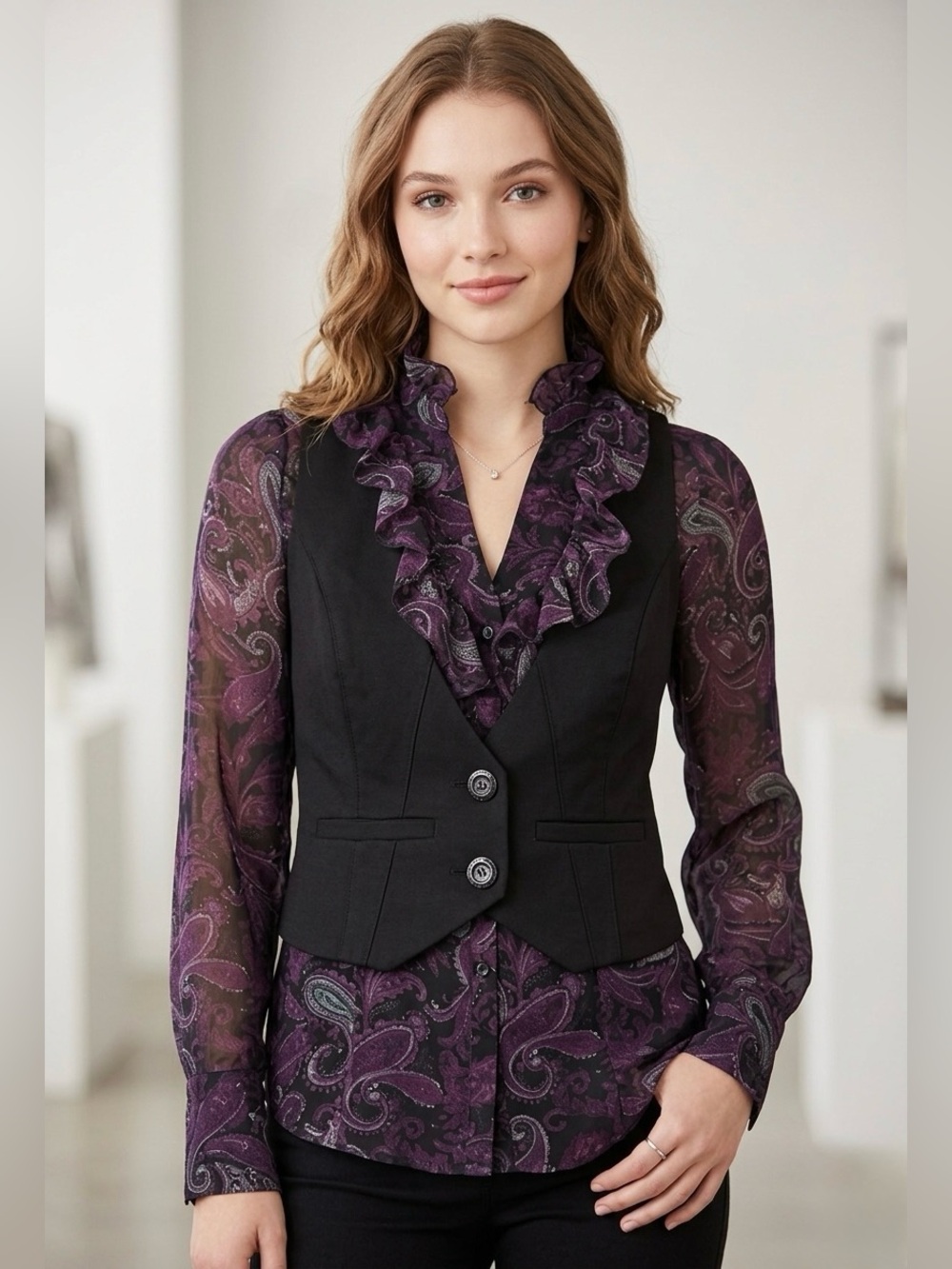 I.N.C Women Ruffle Sheer Blouse Attached vest size 4P Paisley Purple Black Top